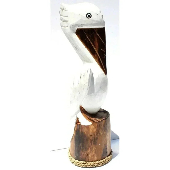 Vtg Wood Hand Carved Beach Ocean Island Nautical Pelican Statue Figurine Decor - Picture 1 of 4